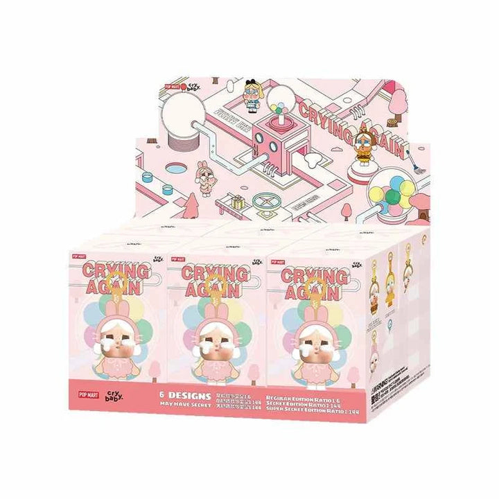 POP MART Crybaby Blind Box dolls display with cute, crying plush figures in unique costumes.