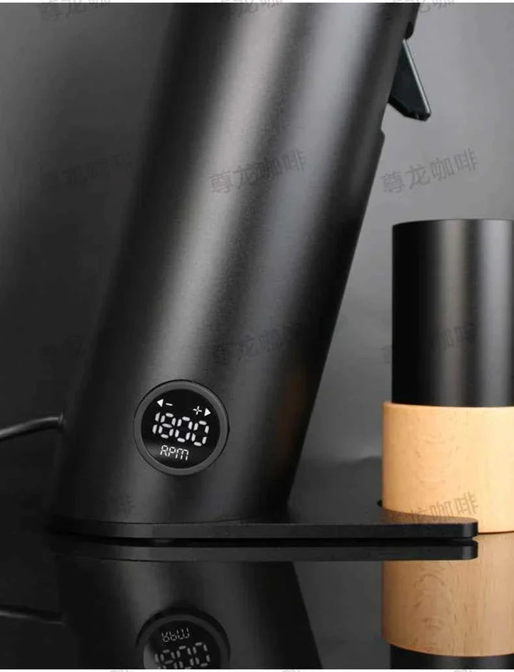 gray and white DF64 V electric coffee grinder with digital RPM display and sleek metal design