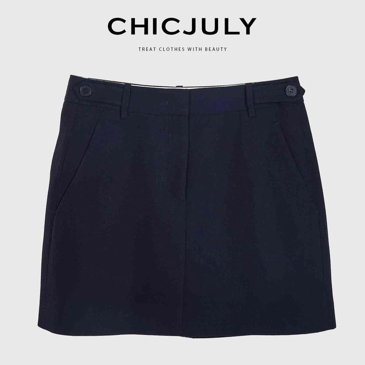 Navy blue CHICJULY short skirt with buttoned waistband and side pockets for elegant casual wear.
