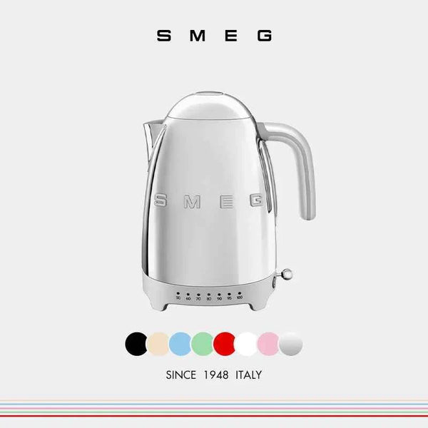 SMEG KLF04 Retro electric kettle in silver with 1.7L capacity, stainless steel body, 7 temperature settings, and 360° swivel base.