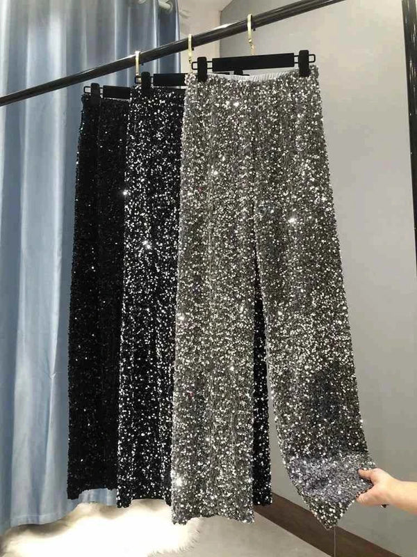 بنطلون كوري مخملي براق مزين بالترتر بأرجل واسعة وطويلة للنساء بمقاسات Korean velvet sequined pants كبيرة للخريف والشتاء