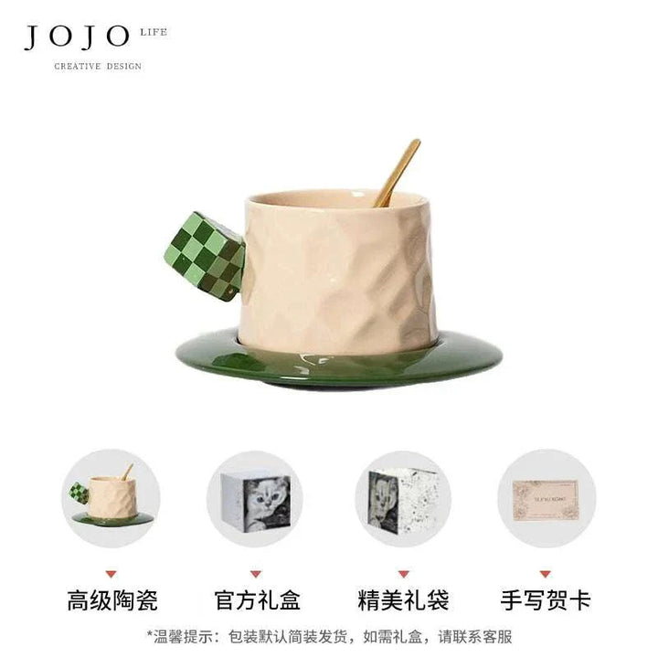 فنجان قهوة JOJO بتصميم سيراميك عالي الجودة مع مقبض مكعب شطرنجي وصحن ملون وملاعق أنيقة