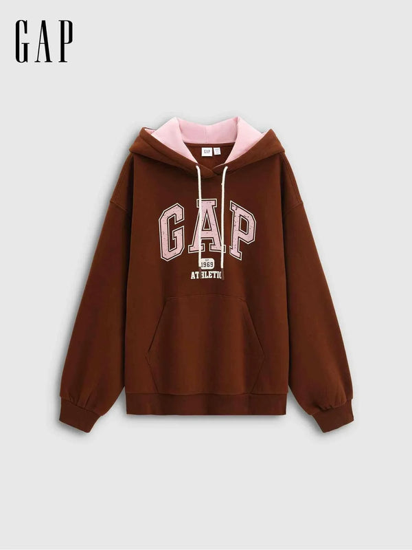 هودي Gap كلاسيك أصلي رجالي ونسائي كاجوال بني بغطاء رأس وطبعة شعار Gap كبيرة