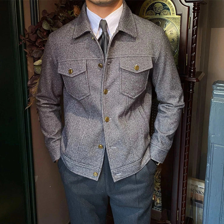 Mr. Lusan thick warm woolen casual jacket in beige and gray with brass buttons and chest pockets