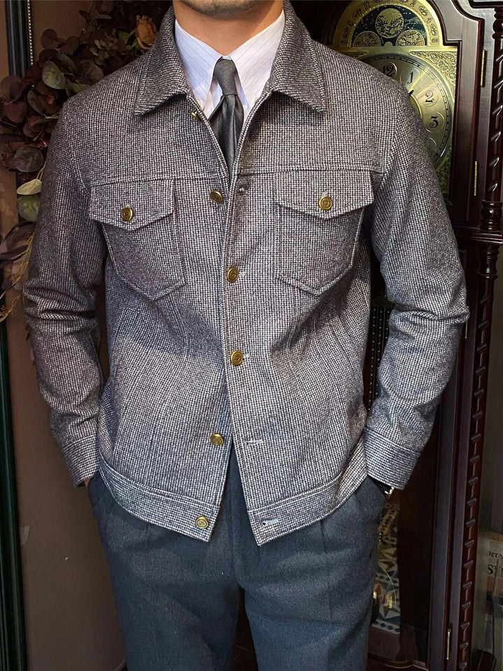 Mr. Lusan thick warm woolen casual jacket in beige-gray with gold buttons and classic collar