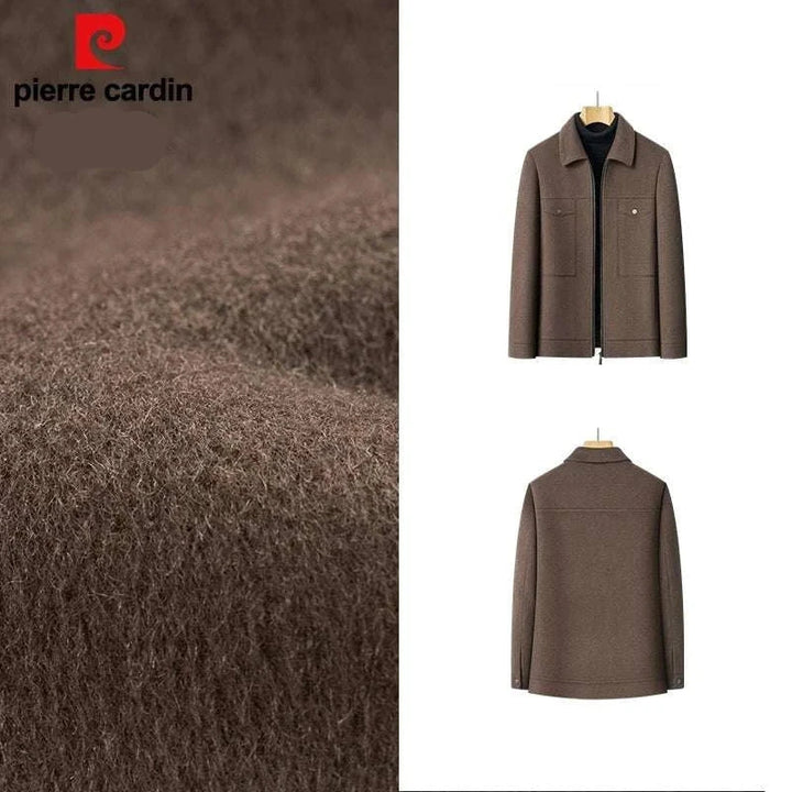 جاكيت صوفي بني من Pierre Cardin بتصميم أنيق وعصري مع بطانة مبطنة وسحّاب مزدوج وجيوب عملية