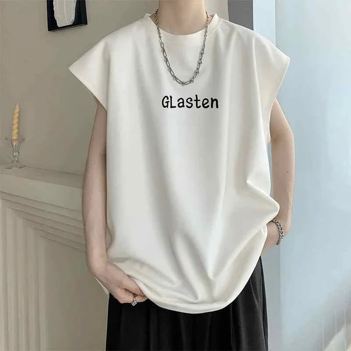 White sleeveless SAUVIBCLUB t-shirt with modern graphic design and relaxed fit.