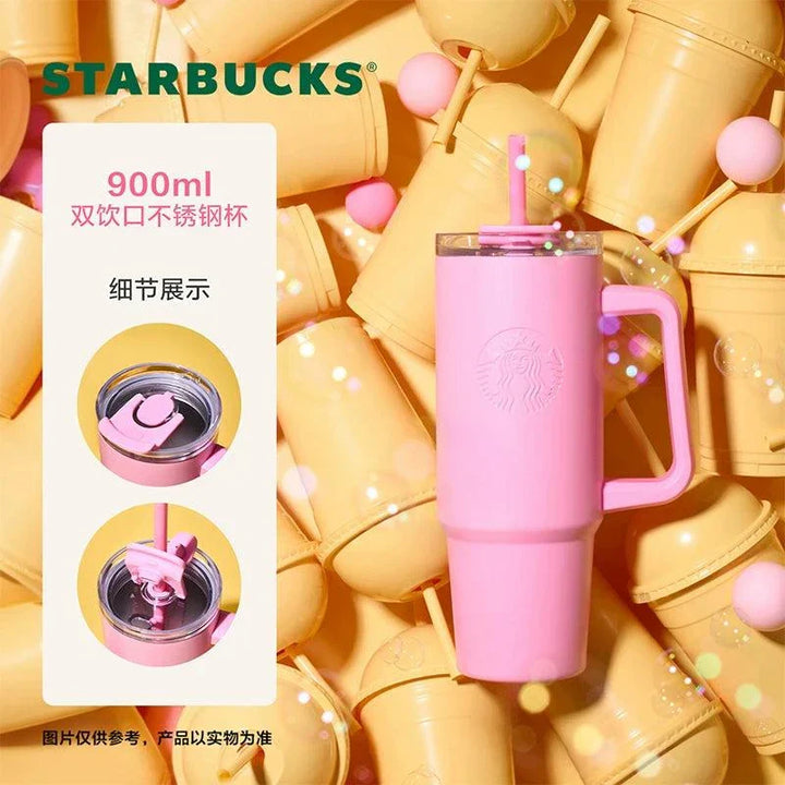 كوب ستاربكس فلابوتشينو وردي بألوان باستيل مع شعار محفور، تصميم عصري مع غطاء مقاوم للتسرب ومصاصة، مصنع من فولاذ مقاوم للصدأ وزجاج مزدوج، مثالي للحمل والرحلات