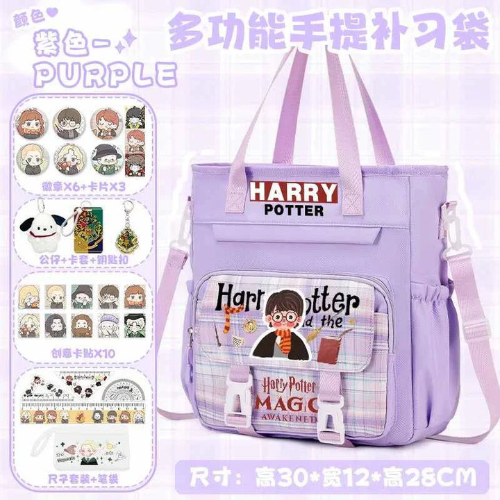 Purple Harry Potter-themed multifunctional school backpack with cartoon character design and free 27-piece accessory set