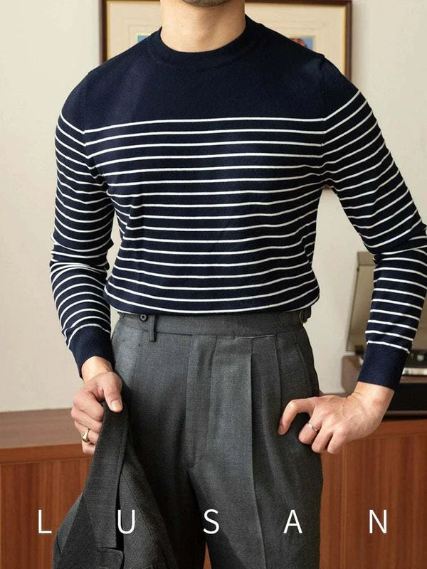 Mr. Lusan sea soul wool sweater navy blue with white horizontal stripes and ribbed cuffs and hem