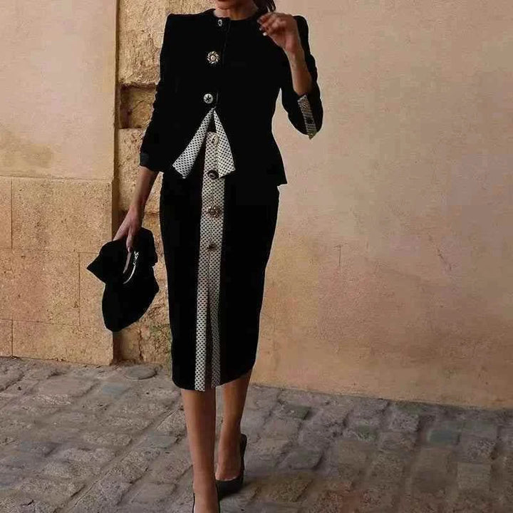 ZA Women's New Spring 2025 retro contrast spliced long sleeve blazer and high-waisted skirt suit in black with decorative buttons and polka dot detail