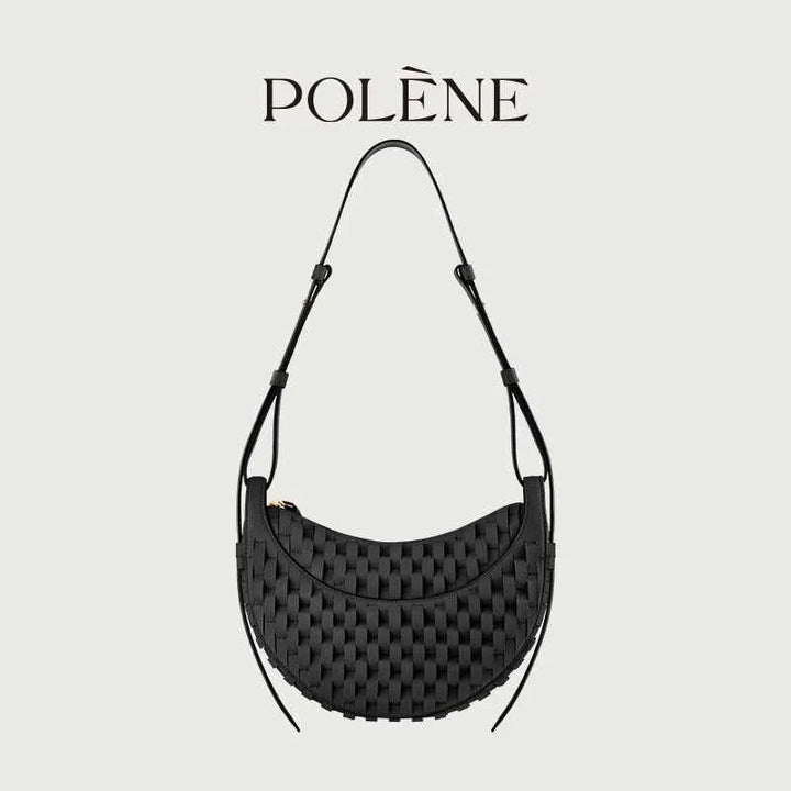 Polène Numéro Dix black half-moon woven leather handbag with adjustable strap and handmade craftsmanship