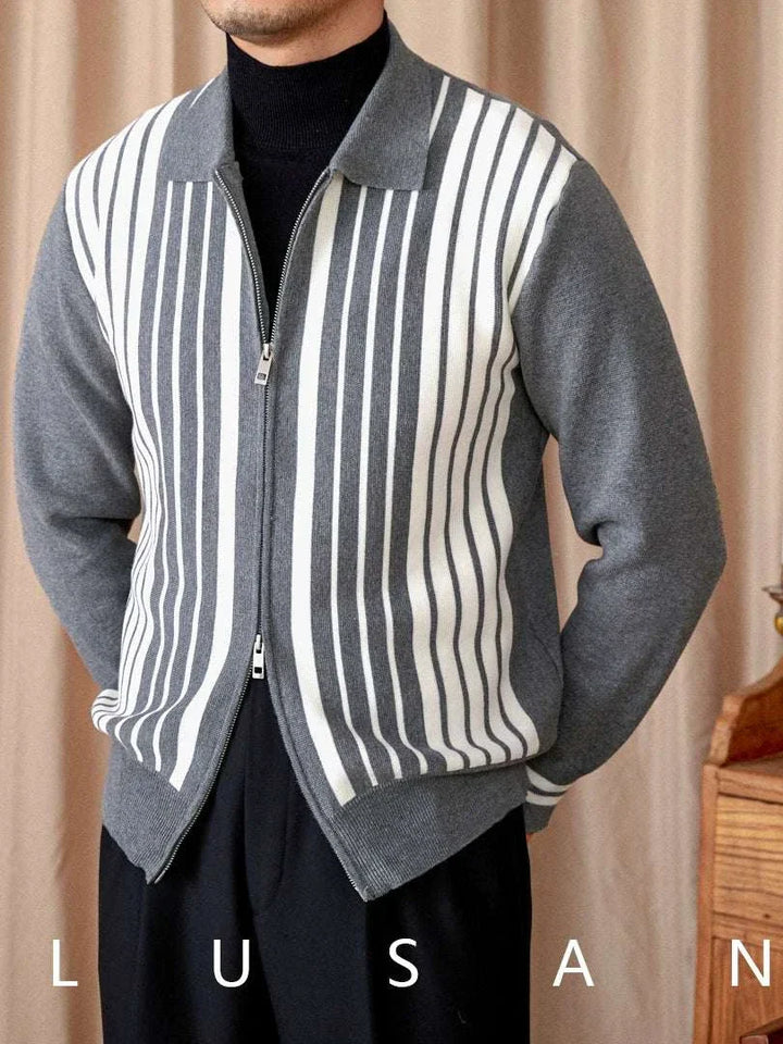 Mr. Lu San British slim knitted cardigan with vertical stripes in grey and white, slim fit, double zipper, and classic collar for stylish layering