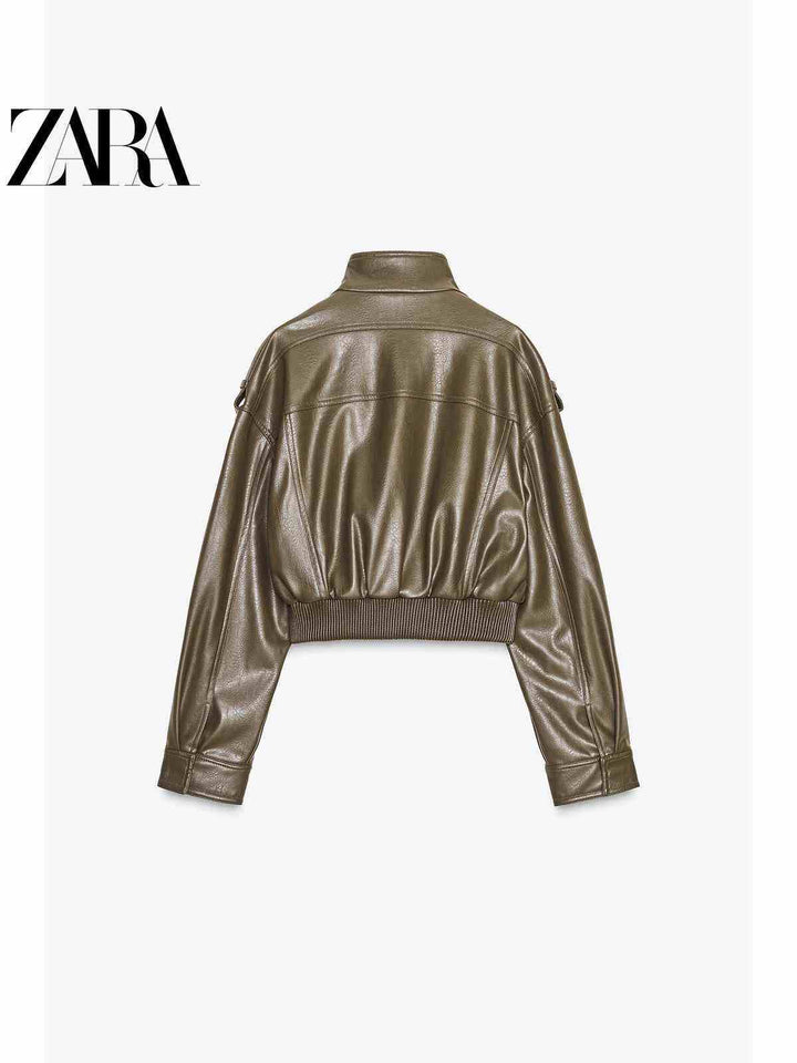 جاكيت قصير نسائي من الجلد الصناعي اللامع بياقة واقفة بأكمام طويلة من مجموعة ZARA2025 الجديدة لخريف
