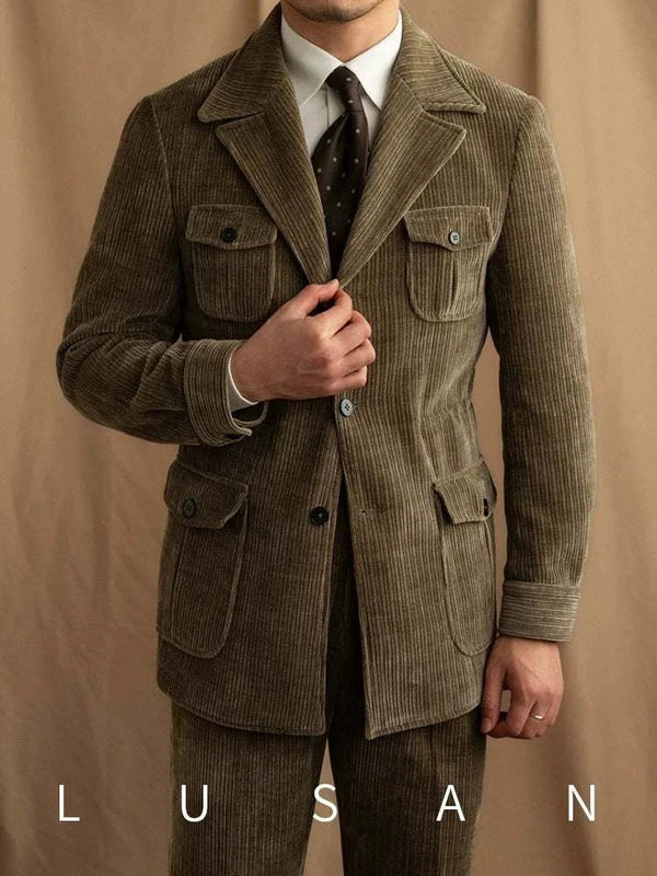 Mr. Lusan Jacket British corduroy with classic collar and buttoned pockets in olive color