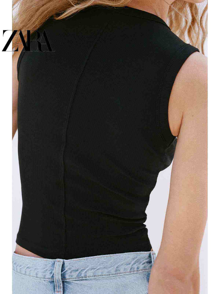 ZARA توب تانك نسائي أسود أساسي بتصميم بسيط وخامة قطنية مرنة
