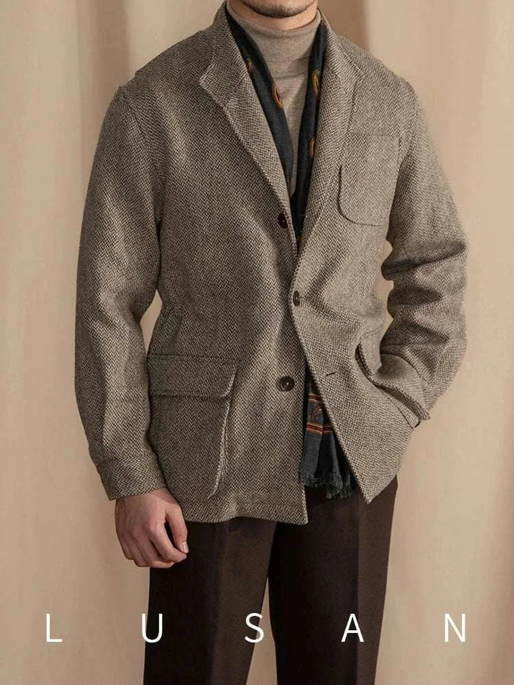 Mr. Lusan jacket vintage beige tweed blazer with chest and side flap pockets, classic buttons, and tailored fit for men