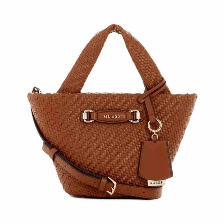 Brown woven synthetic leather GUESS handbag with adjustable shoulder strap and top handle