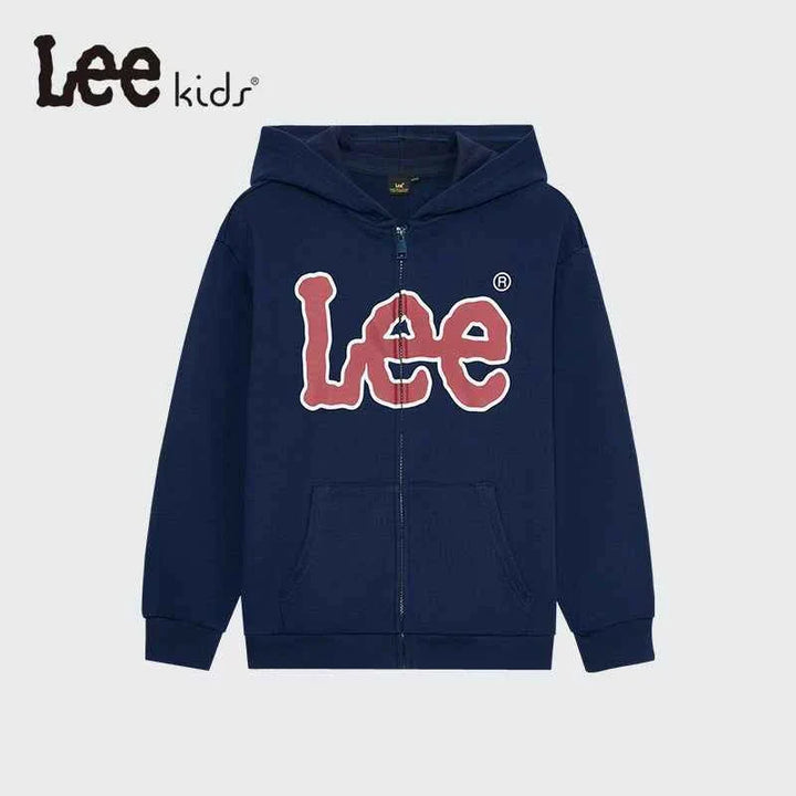 Lee kids sweatshirt navy blue with front logo and hood, soft cotton blend for children
