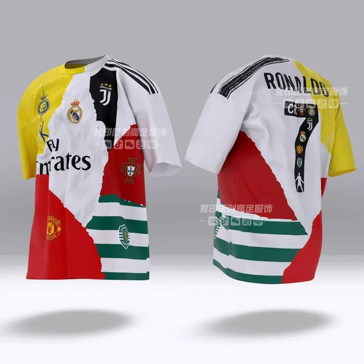 Ronaldo tribute jersey with segmented club colors and logos including Real Madrid, Manchester United, Juventus, Sporting Lisbon, and Portugal national team, featuring CR7 signature and number 7 on back.