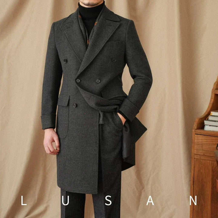 Mr. Lusan autumn كوت coat dark gray double-breasted herringbone warm lined formal casual men's coat