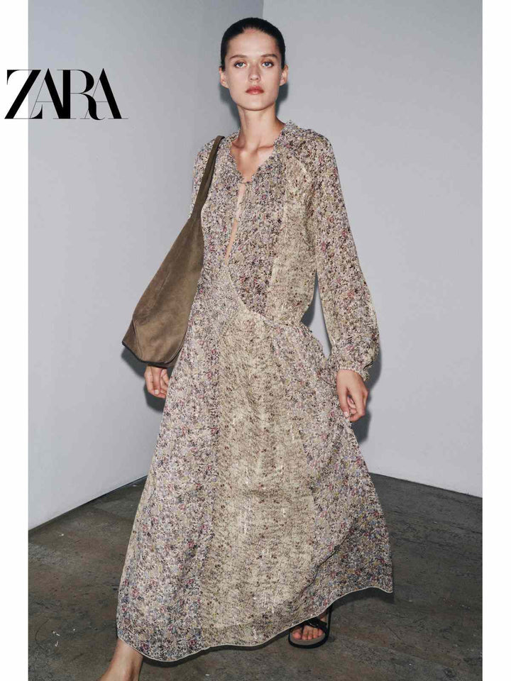 فستان نسائي بأكمام طويلة من مجموعة ZARA2025 Fall بتصميم معدني أنيق