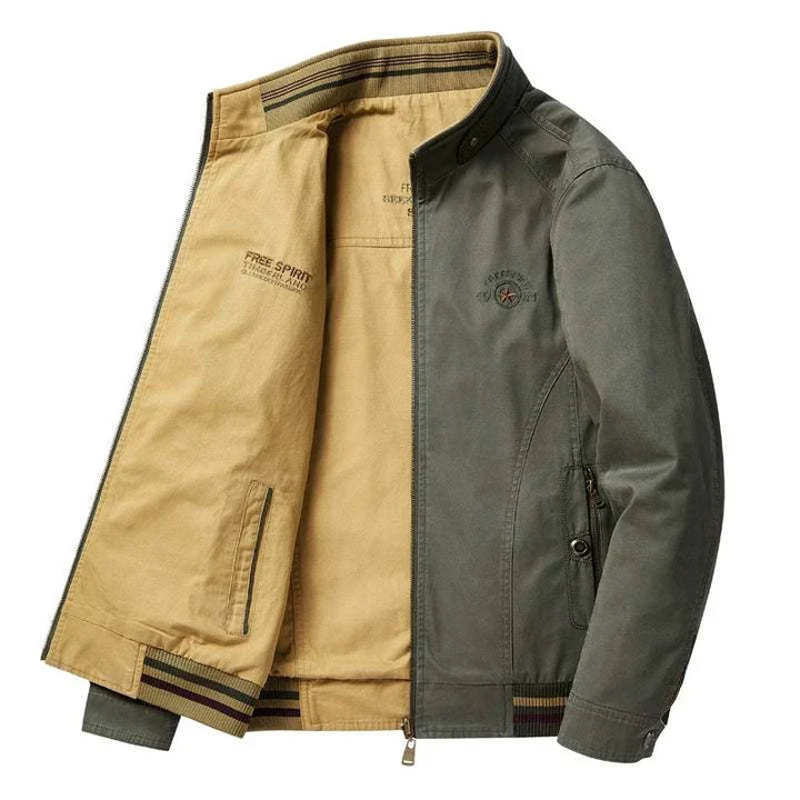 جاكيت رجالي عكسي بلون كاكي وبيج بقماش قطني مقاوم للتجاعيد وجيوب بسحابات