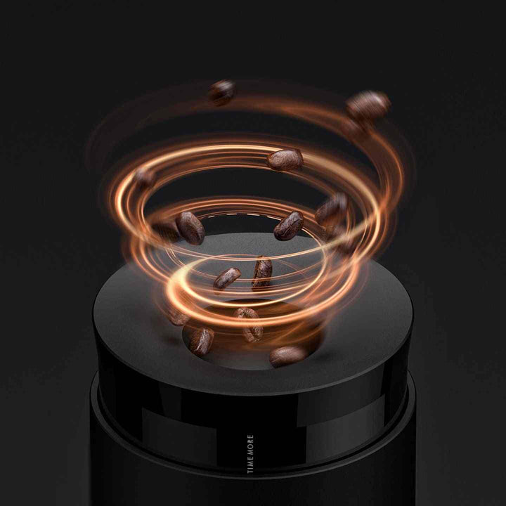 Electric portable coffee grinder TIMEMORE WHIRLY 01S in black with durable stainless steel blades and precise grind adjustment.
