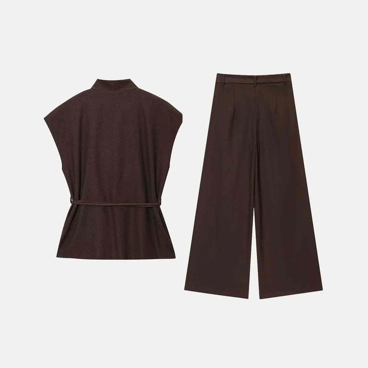 European American style women's summer outfit with gold buckle top and solid color casual wide-leg trousers