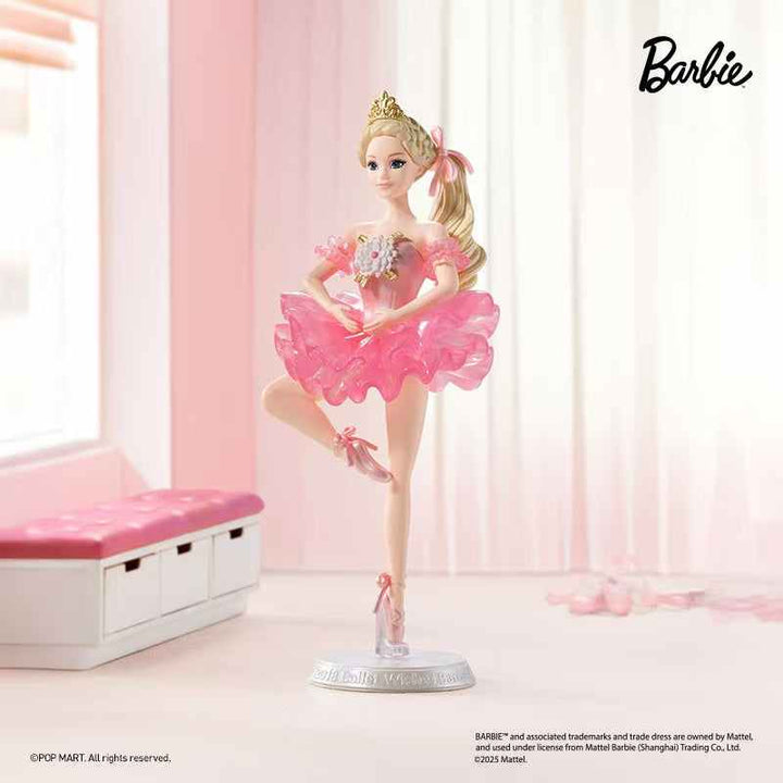 POPMART Barbie Fashion Series blind box figure on display, featuring Ballet Wishes Barbie in a pink ballerina outfit.