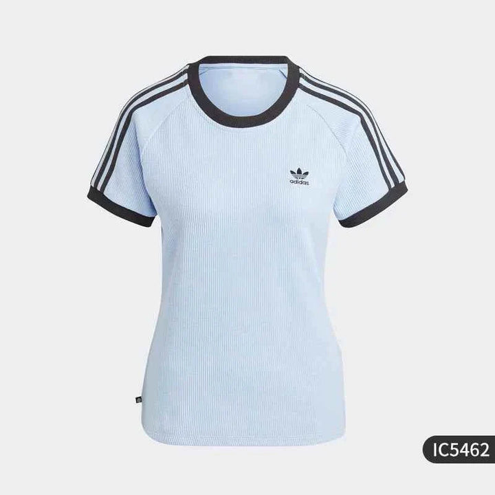 Light blue Adidas t-shirt with black trim and signature three stripes on sleeves, featuring Adidas Trefoil logo, unisex casual sportswear.