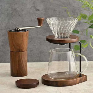 HARIO Walnut V60 Coffee Filter Cup and Grinder.