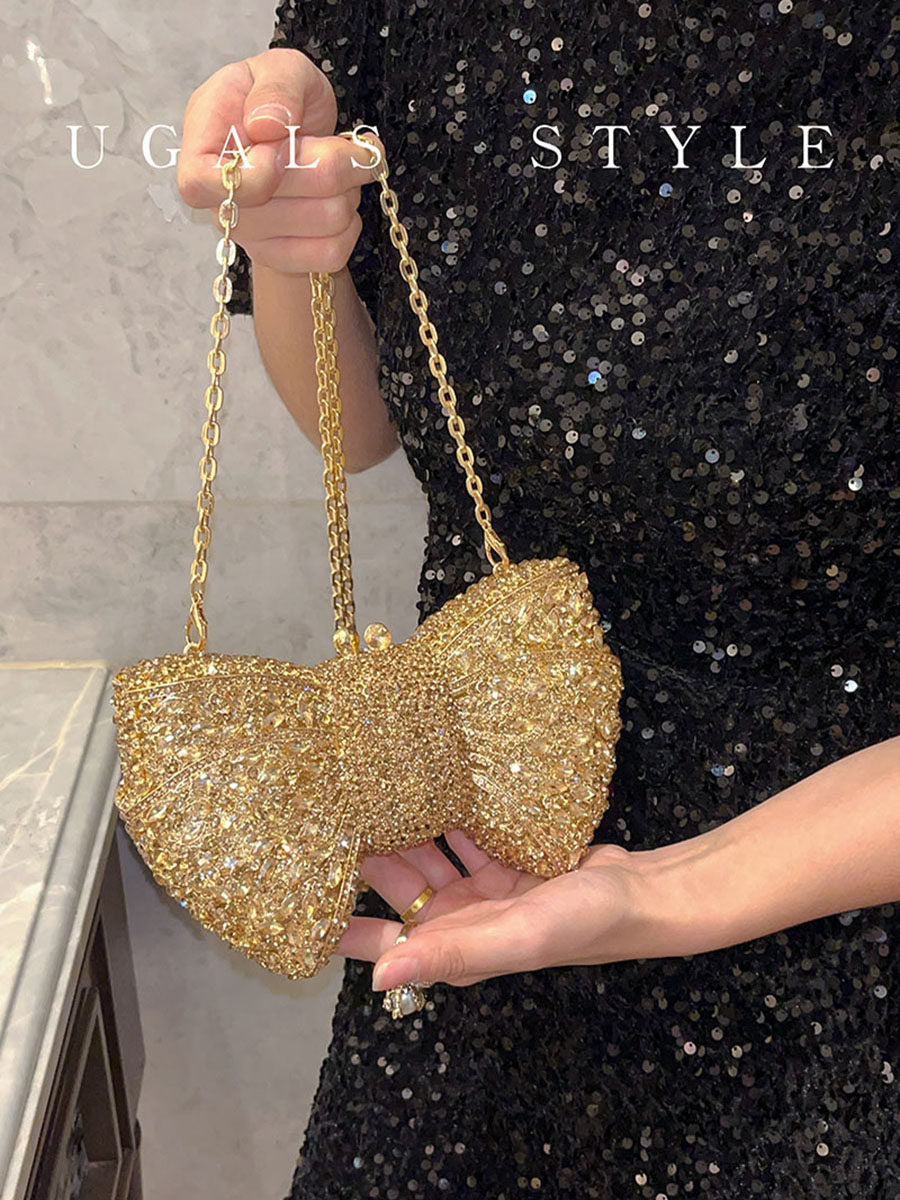 UGALS French شنطة Clutch بتصميم Bow مرصعة بالكريستال - لون ذهبي