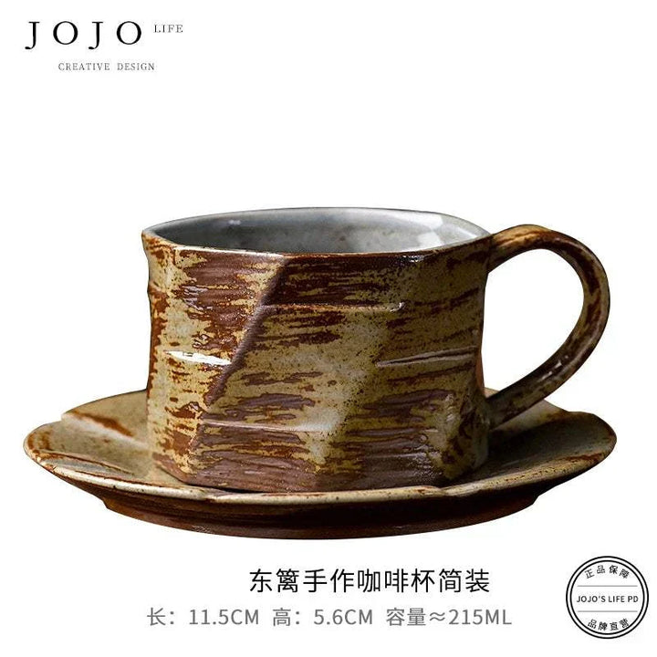 JOJO'S L.PD. East. handmade ceramic coffee cup with saucer in retro Japanese earthy brown and gray design