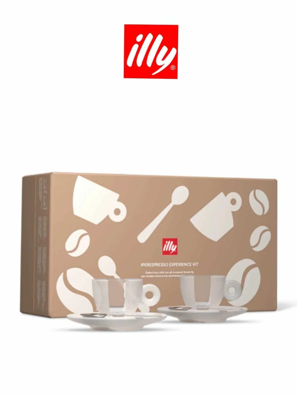 Limited edition illy espresso kit with Luxion® cups, saucers, and stainless steel spoons.