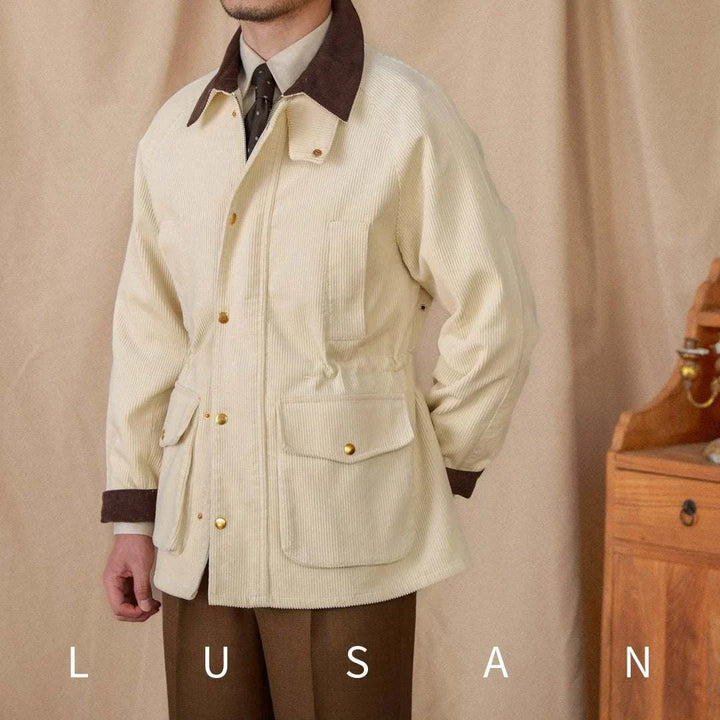 Mr. Lusan جاكيت jacket British beige corduroy with brown collar and cuffs, gold button pockets, warm and stylish autumn winter outerwear