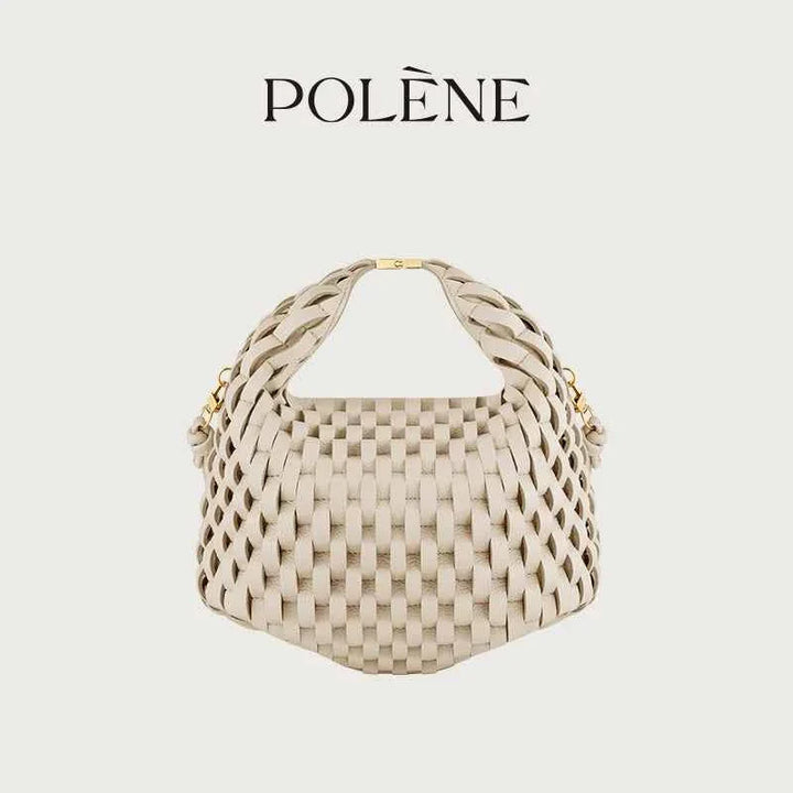 Polène Béeri handwoven leather handbag in ivory beige with woven design and gold clasp