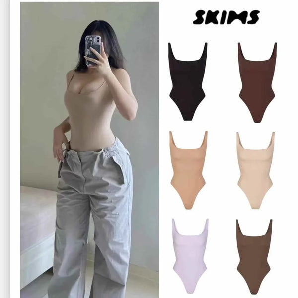 Skims Kardashian seamless bodysuit with scoop neck and thong back in multiple colors, designed for a smooth fit under clothing.