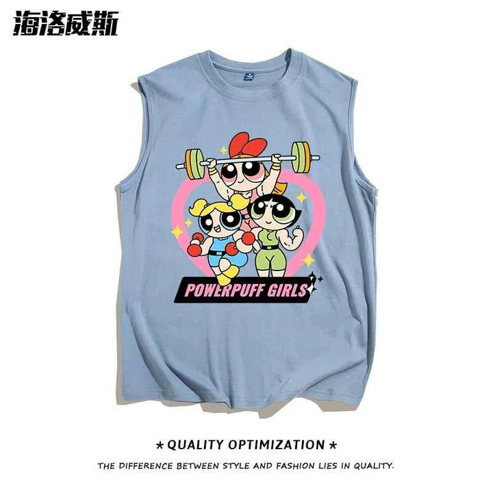 تيشيرت كت بدون أكمام بتصميم كرتوني Powerpuff Girls بألوان زرقاء سماوية ومادة قطنية ناعمة مناسب للنشاطات الرياضية والحرارة العالية