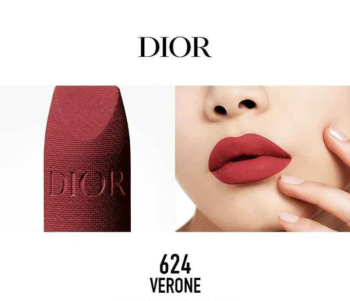 Rouge Dior classic lipstick in shade 624 Verone with smooth matte finish on lips
