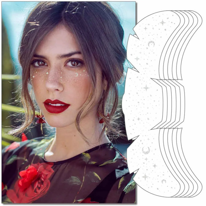Woman wearing Taylor Swift Freckle Makeup Patches with stars and crescent designs on cheeks