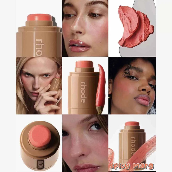 Rhode Pocket Blush Stick multi-use creamy blush stick for cheeks and lips in Spicy Marg coral shade with natural, long-lasting finish.