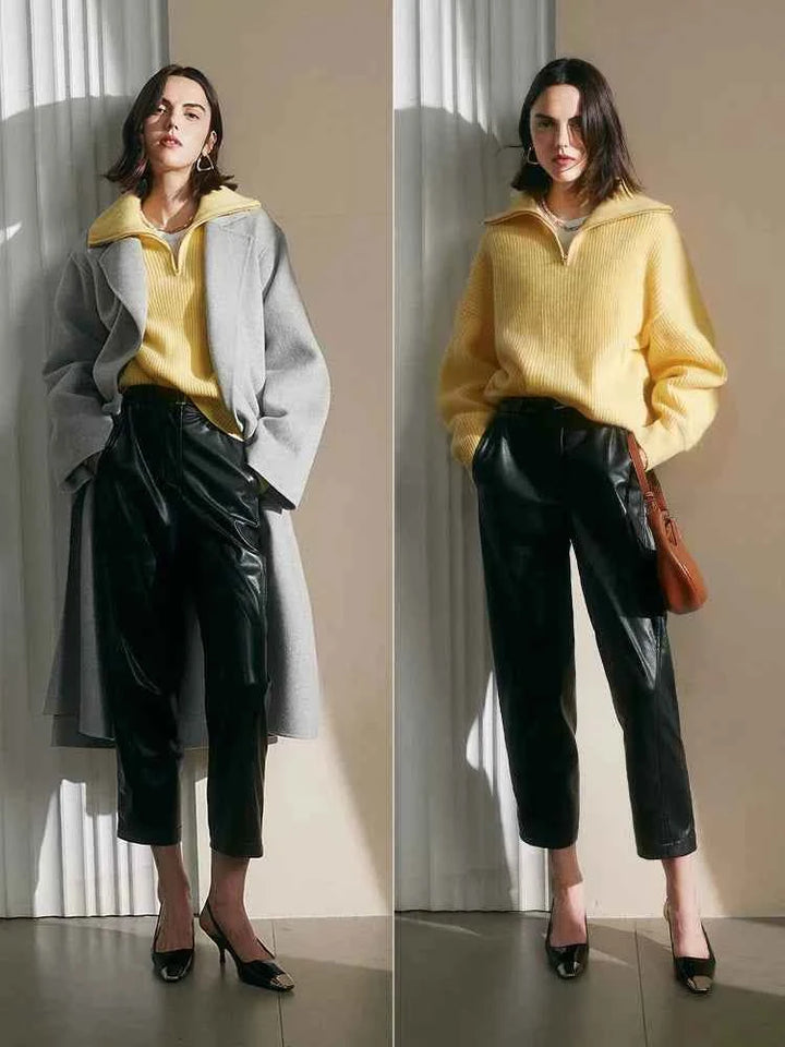 نساء يرتدون Ruoshi سويتر محبوك بنصف سحاب بألوان صفراء وإطلالة كاجوال أنيقة