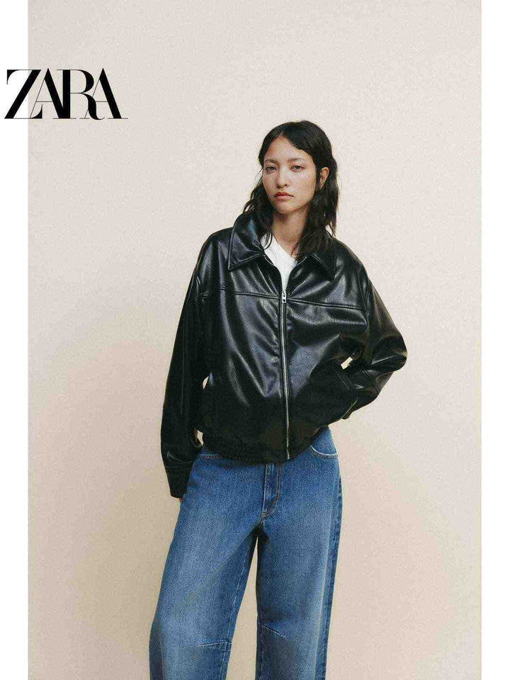 سترة بومبر نسائية من الجلد الصناعي بتصميم بياقة من مجموعة ZARA2025 الجديدة لربيع