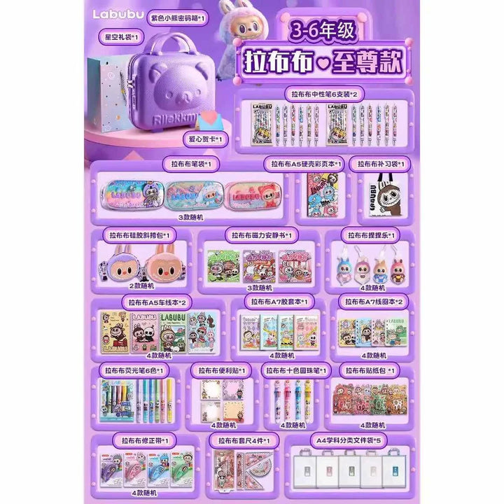 Labubu-themed school stationery set including storage boxes, notebooks, pens, erasers, rulers, pencil cases, stickers, and character figurines, ideal for school gifts and birthdays.