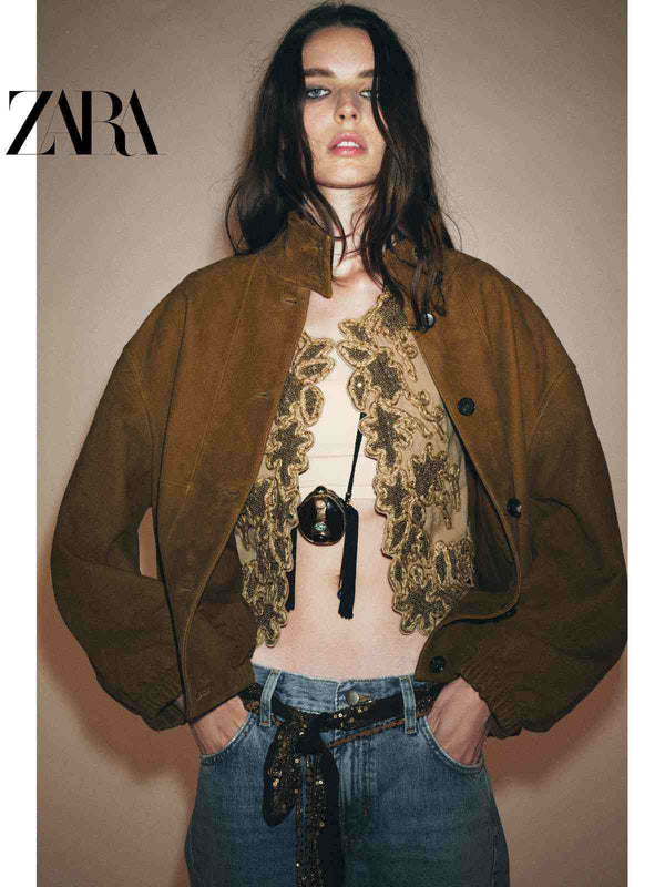 جاكيت بومبر جلد نسائي خريفي من ZARA2025 fall موديل 5761242 باللون البني