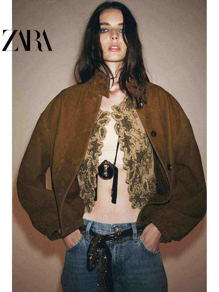 جاكيت بومبر جلد نسائي خريفي من ZARA2025 fall موديل 5761242 باللون البني