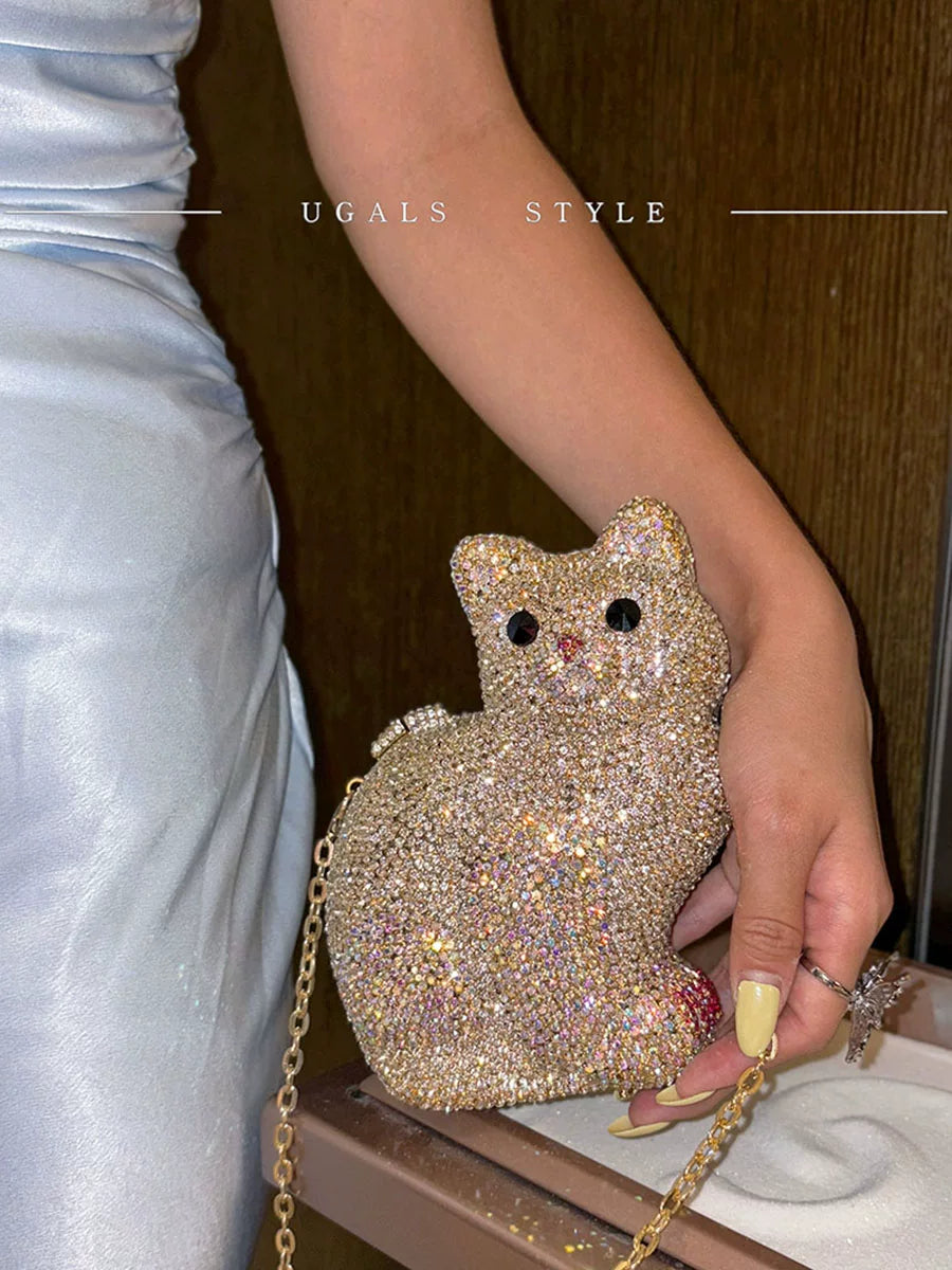 UGALS Heavy Industry Retro Celebrity Full Water Diamond Glass Cute Cartoon Kitten Banquet Hand Handle Crossbody Bag