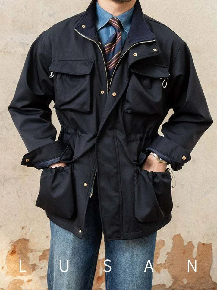 Mr. Lusan Jacket black water-resistant stylish men's Italian jacket with multiple pockets and metal details