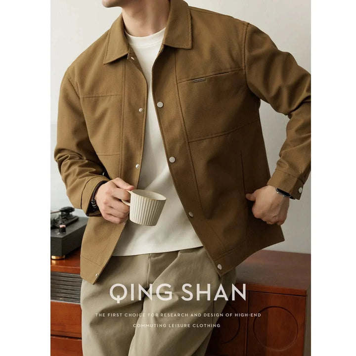 جاكيت رجالي كاجوال من قماش بوليستر فاخر مقاوم للتجعد باللون الكاراميل يناسب العمل والجامعة والمشاوير اليومية